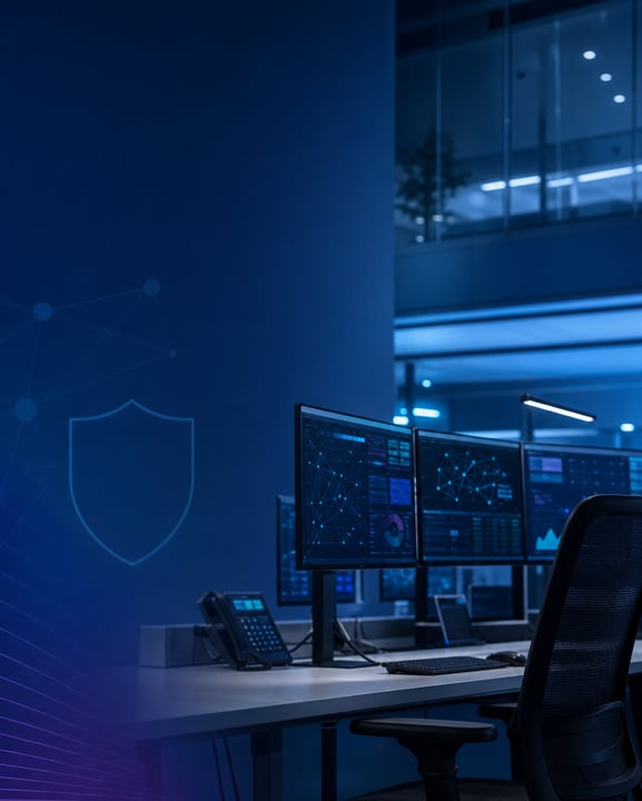 Public safety cybersecurity operations center with connected monitoring screens and a shield network graphic.